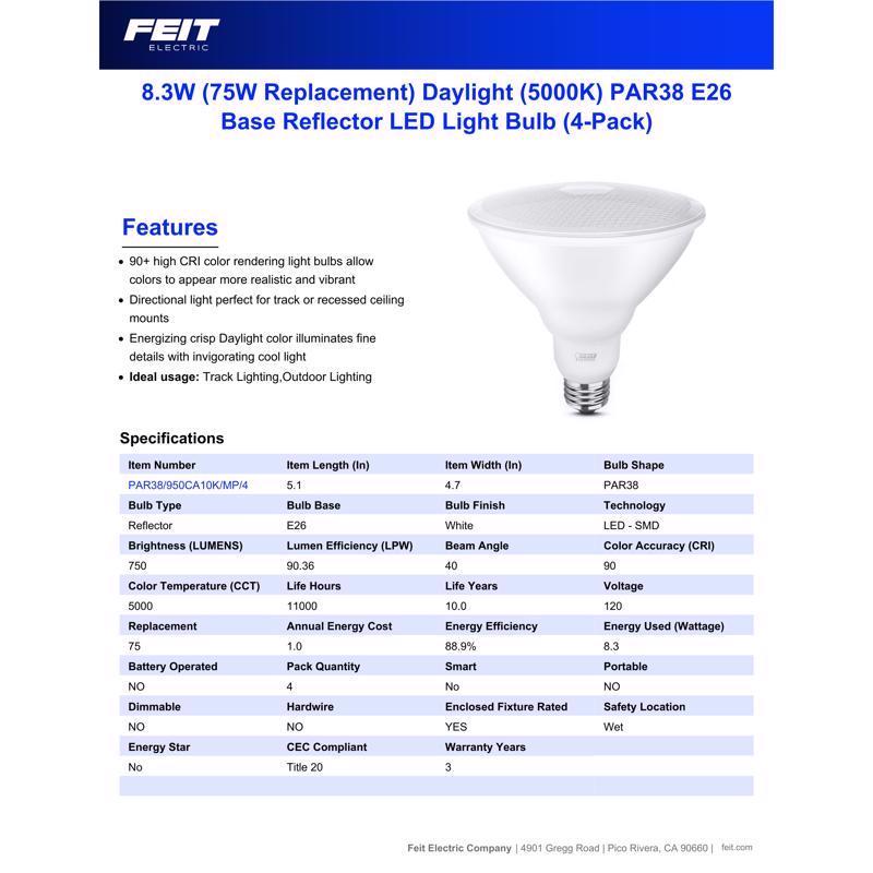 Feit Enhance PAR38 E26 (Medium) LED Bulb Daylight 75 Watt Equivalence 4 pk