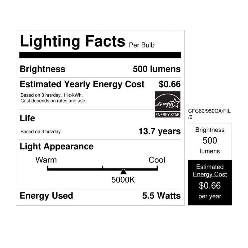 Feit Enhance CA10 (Flame Tip) E12 (Candelabra) Filament LED Bulb Daylight 60 Watt Equivalence 6 pk