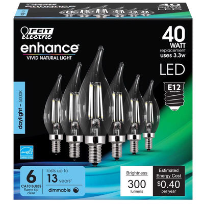 Feit Enhance CA10 (Flame Tip) E12 (Candelabra) Filament LED Bulb Daylight 40 Watt Equivalence 6 pk