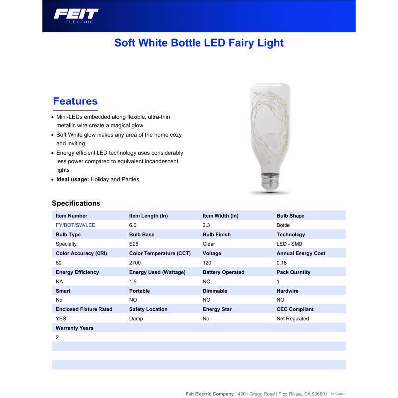 Feit Bottle E26 (Medium) LED Bulb Soft White 1.5 Watt Equivalence