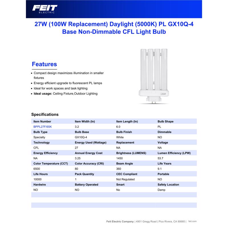 Feit 27 W PL 5.875 in. L CFL Bulb Daylight Specialty 6500 K