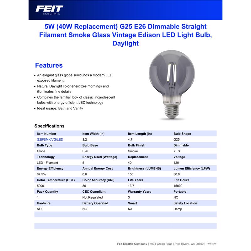 Feit G25 E26 (Medium) Filament LED Bulb Smoke Daylight 40 Watt Equivalence