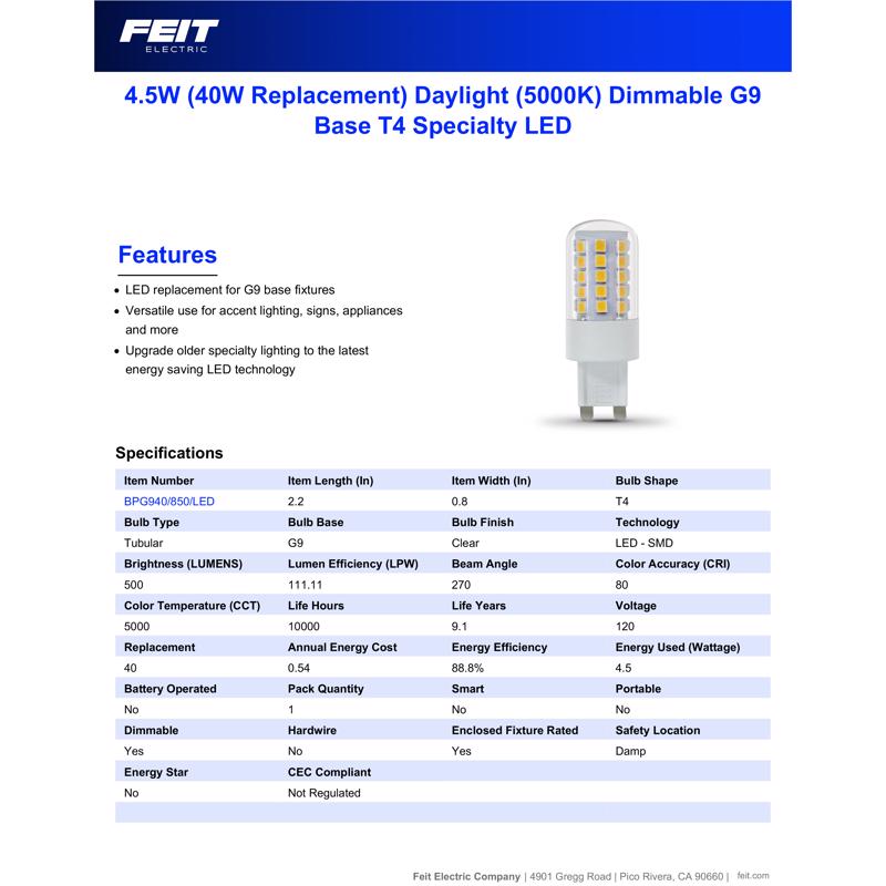Feit T4 G9 LED Bulb Daylight 40 Watt Equivalence