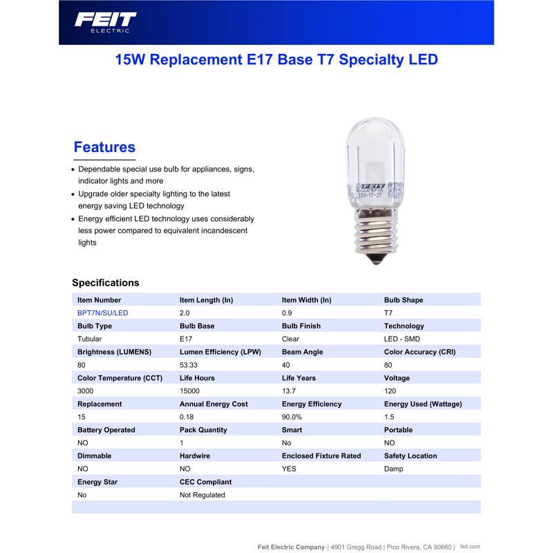 Feit T7 E17 (Intermediate) LED Bulb Warm White 15 Watt Equivalence