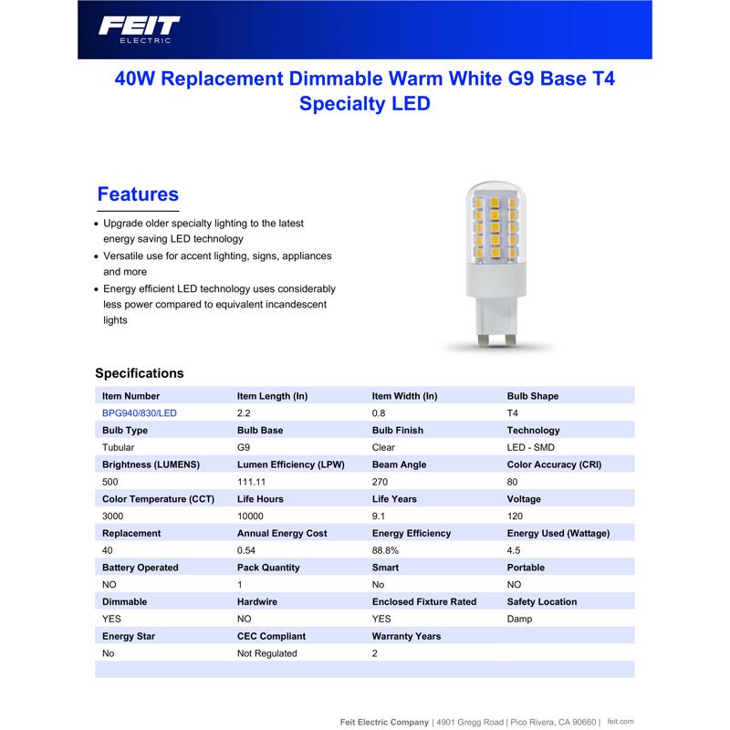 Feit T4 Bi-Pin LED Bulb Warm White 40 Watt Equivalence