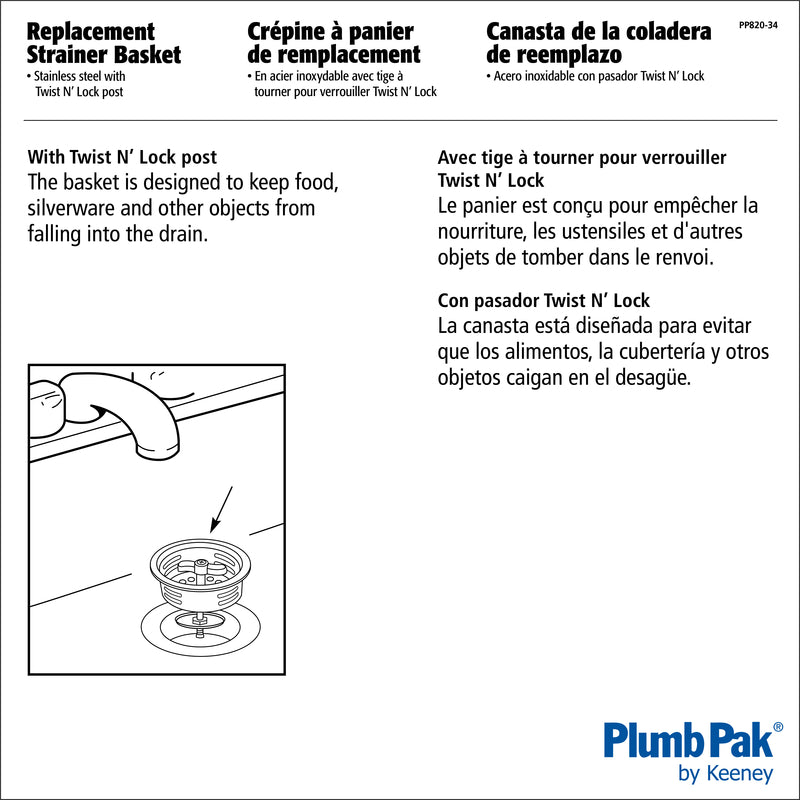 Plumb Pak 3-1/2 in. D Silver Stainless Steel Strainer Basket