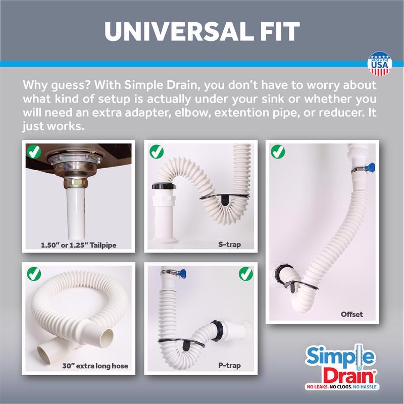 Simple Drain 1.25 in. D X 2.5 ft. L Rubber Slotted Sink Drain Kit