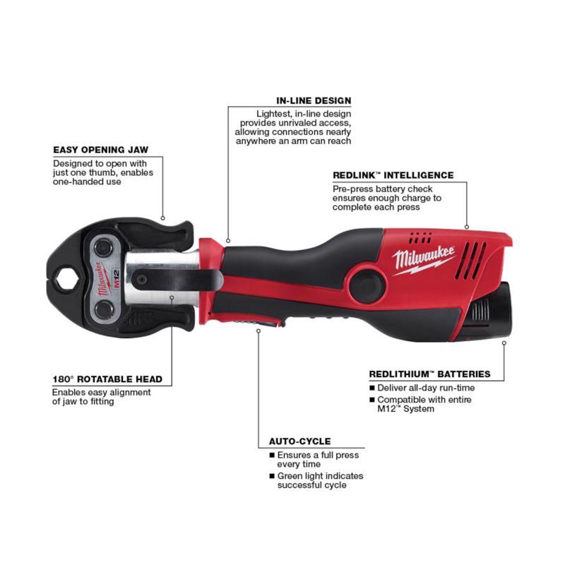 Milwaukee M12 Force Logic Cordless Press Tool Kit with Jaws Black/Red 8 pc