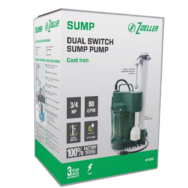 Zoeller 3/4 HP 80 gpm Cast Iron Vertical Float Switch AC Submersible Sump Pump 9 ft