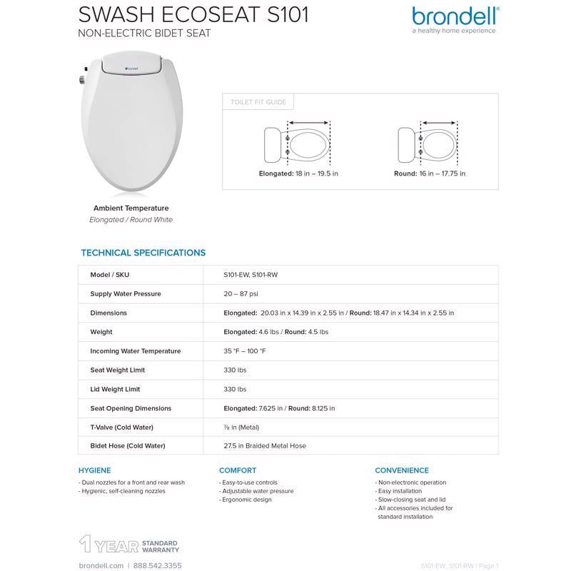 Brondell Swash Ecoseat N/A gal White Round Bidet Toilet Seat