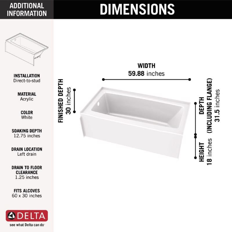 Delta Classic 500 18 in. H X 30 in. W X 60 in. L White Bathtub