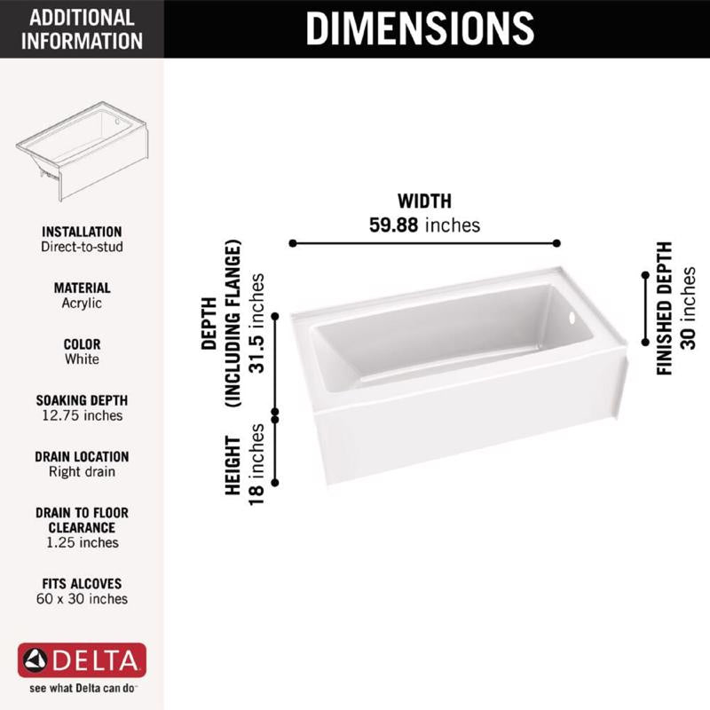 Delta Classic 500 18 in. H X 30 in. W X 60 in. L White Bathtub