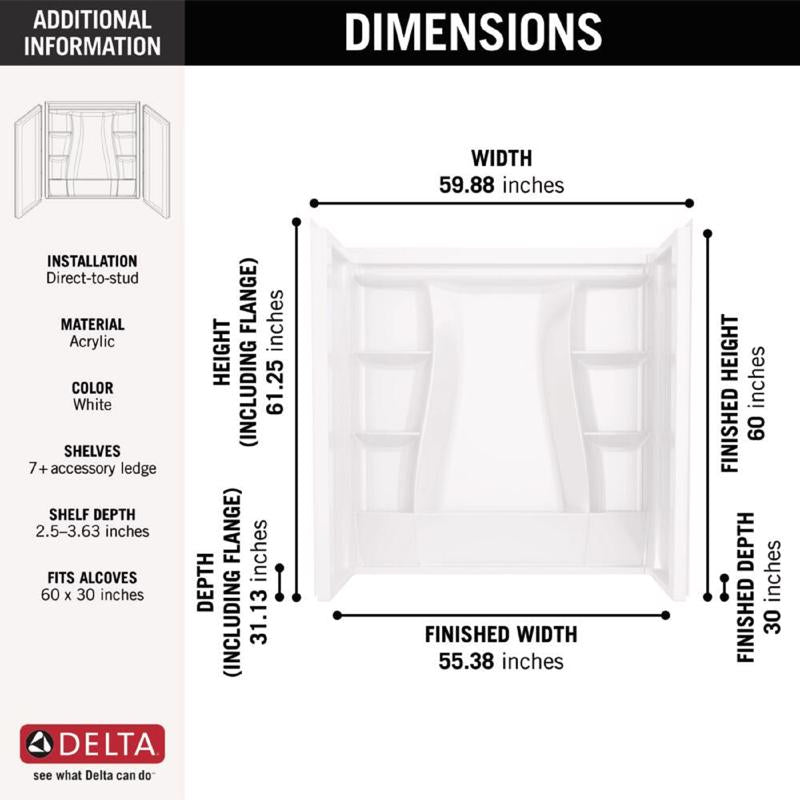 Delta Classic 500 61-1/4 in. H X 30 in. W X 60 in. L White Bathtub Wall