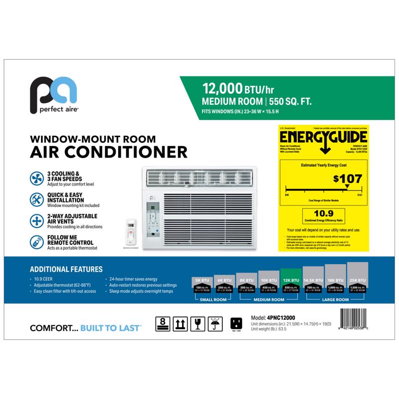 Perfect Aire 12000 BTU 115 V Window Air Conditioner w/Remote 450-500 sq ft