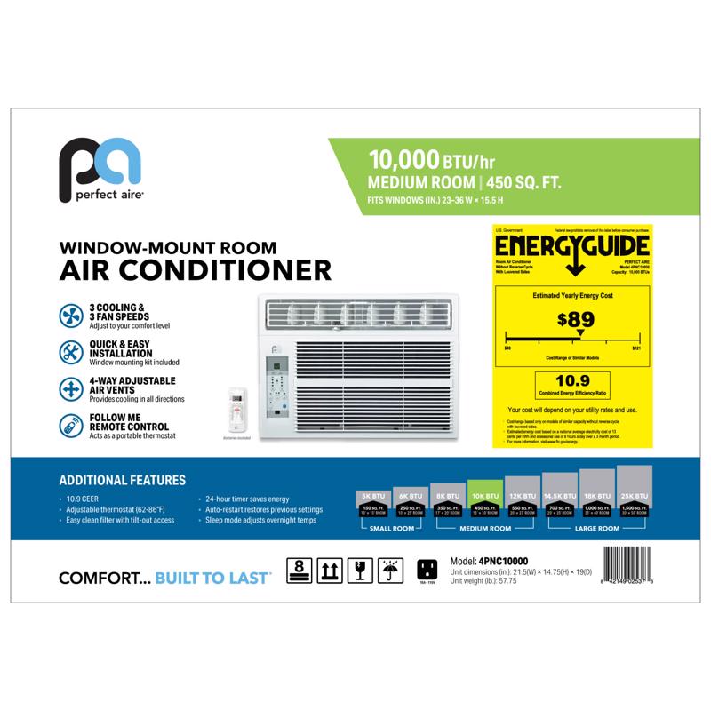 Perfect Aire 10000 BTU 115 V Window Air Conditioner w/Remote 400-450 sq ft
