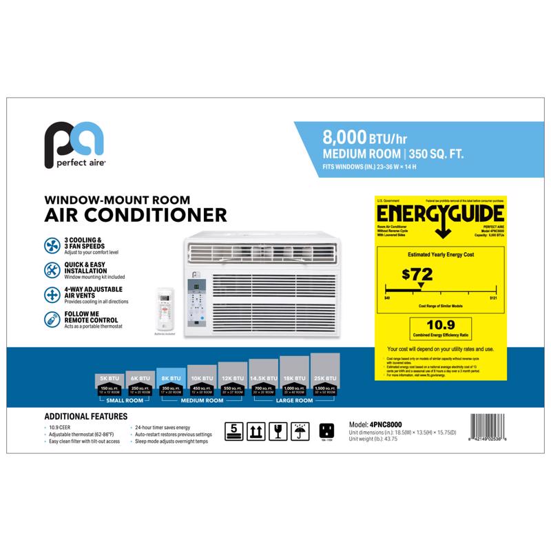 Perfect Aire 8000 BTU 115 V Window Air Conditioner w/Remote 300-350 sq ft