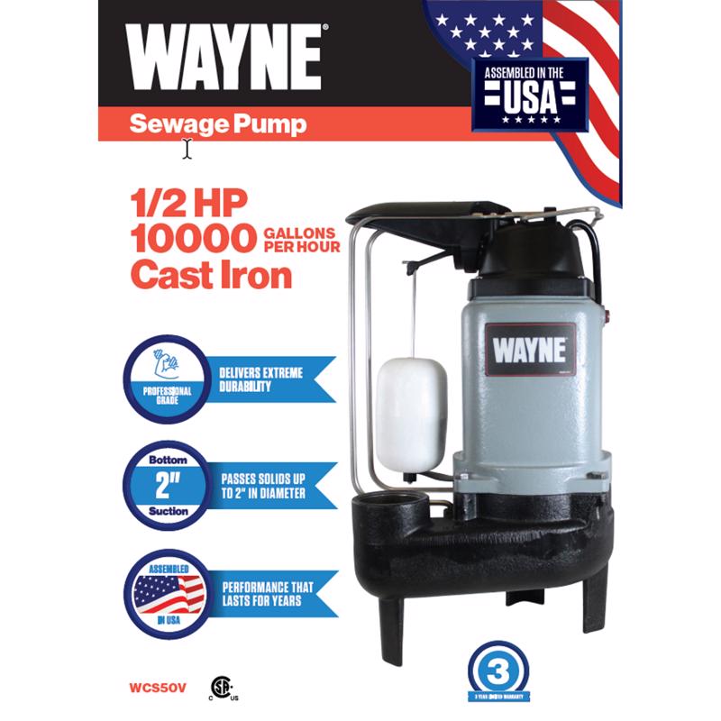 Wayne 1/2 HP 9000 gph Cast Iron Vertical Float Switch Sewage Pump