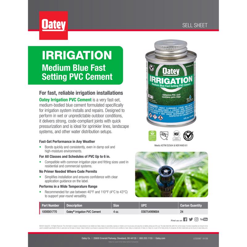 Oatey Irrigation Blue Solvent Cement For PVC 4 fl. oz.