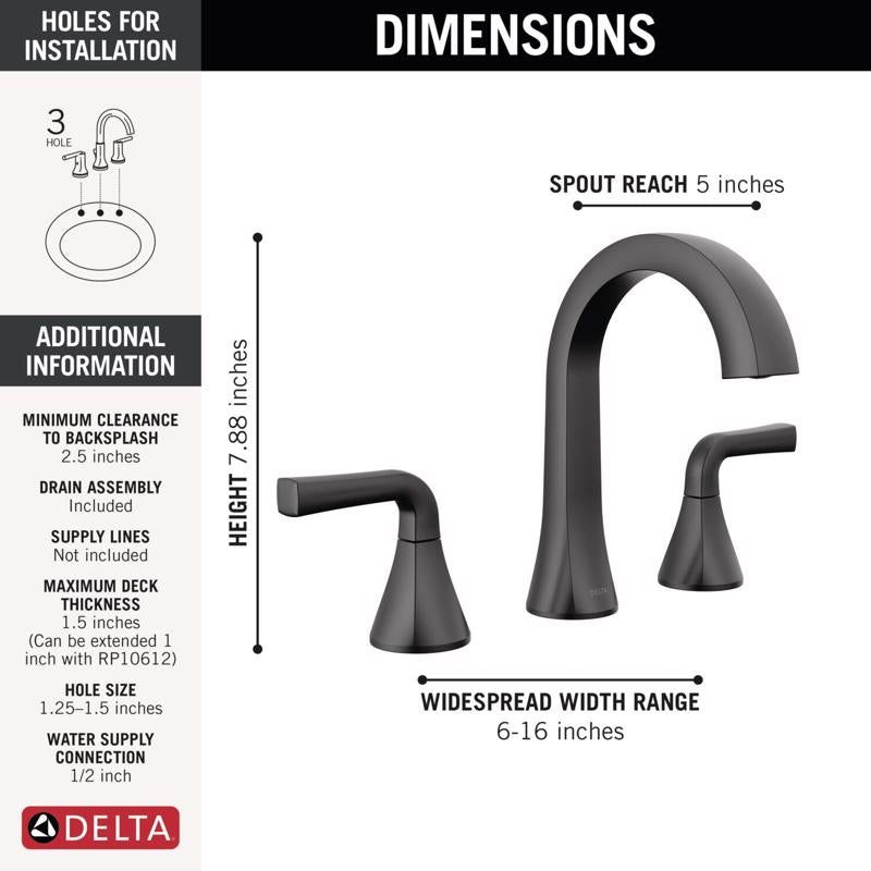 Delta Dallace Matte Black Transitional Widespread Bathroom Sink Faucet 16 in.