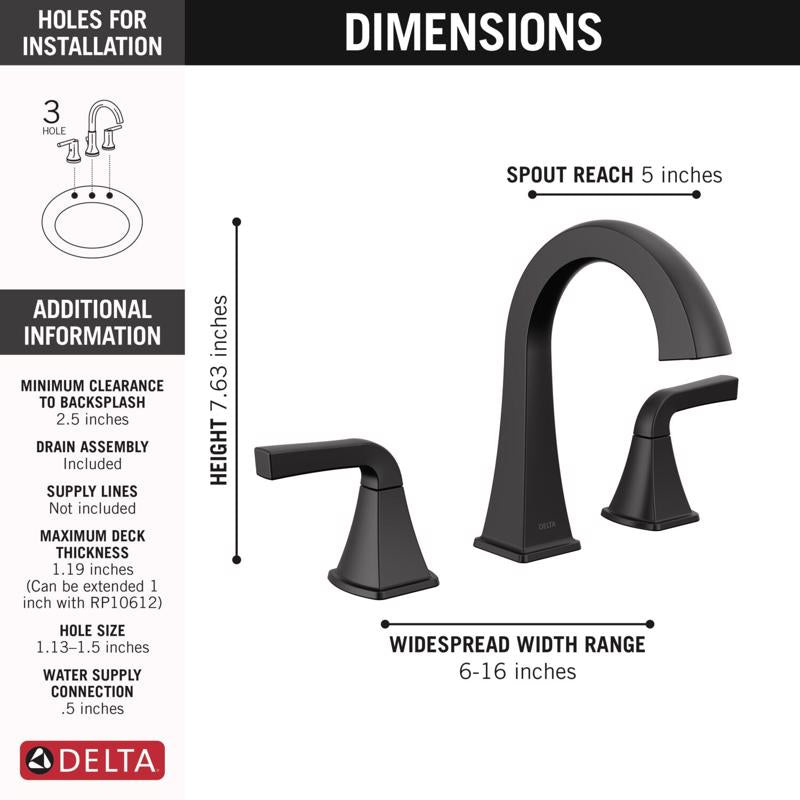 Delta Knoxville Matte Black Transitional Widespread Bathroom Sink Faucet 16 in.