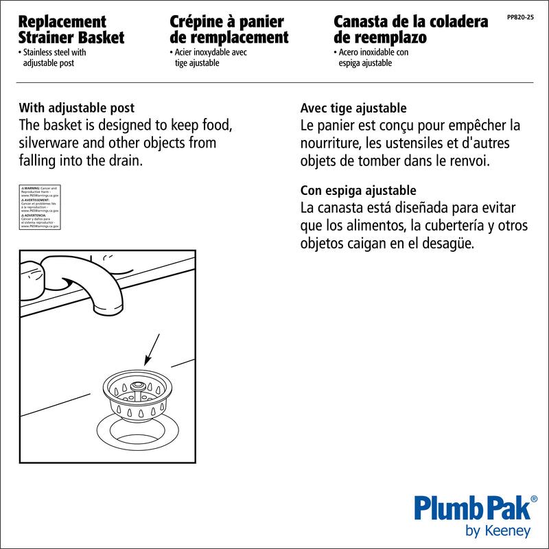 Plumb Pak 3-1/2 in. D Chrome Silver Stainless Steel Replacement Strainer Basket