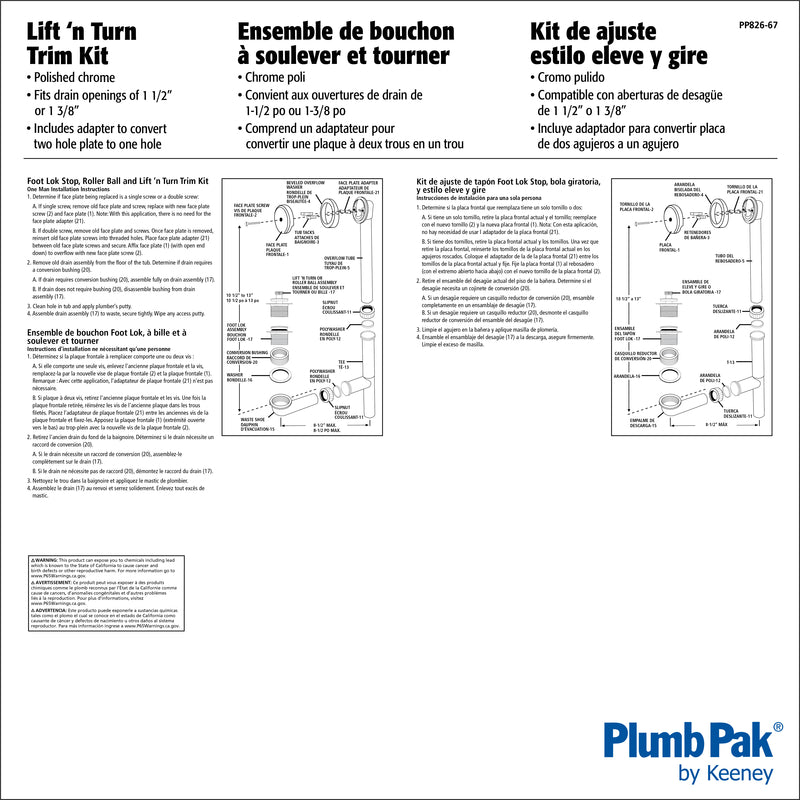 Plumb Pak 1-1/2 or 1-3/8 in. D Chrome Metal Tub Drain Kit