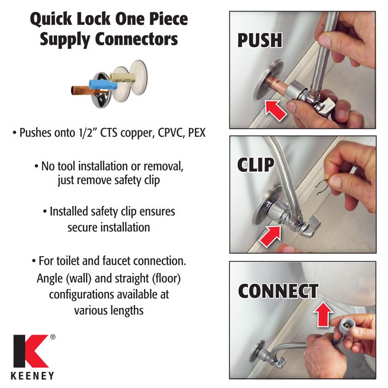 Keeney Quick Lock 1/2 in. Push in. IP 12 in. Stainless Steel Toilet Supply Line