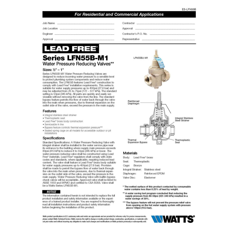 Watts 3/4 in. FNPT Brass Water Pressure Reducing Valve 3/4 in. FNPT