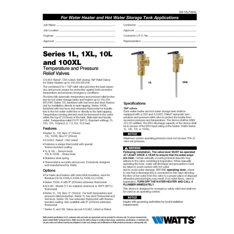Watts 3/4 in. MNPT Brass Temperature and Pressure Relief Valve 3/4 in. FNPT