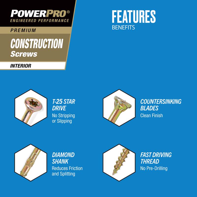 HILLMAN Power Pro No. 9 X 2-1/2 in. L Star Yellow Zinc Coarse Wood Screws 88 pk