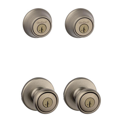 Kwikset Tylo Antique Brass Deadbolt and Entry Door Knob 1-3/4 in.