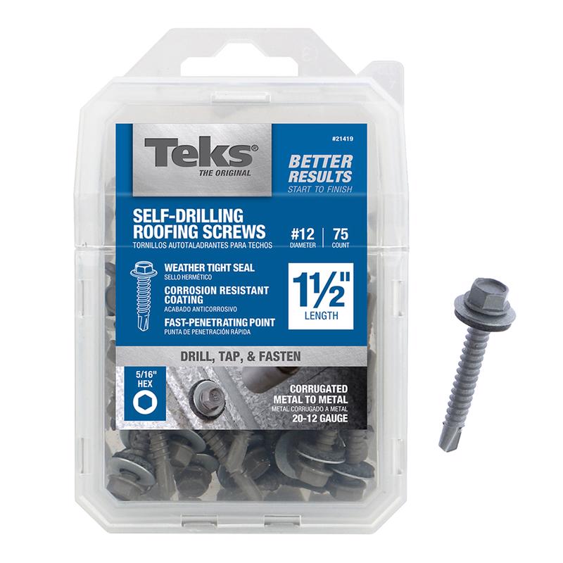 Teks No. 12 Size X 1-1/2 in. L Hex Drive Hex Washer Head Coarse Roofing Screws