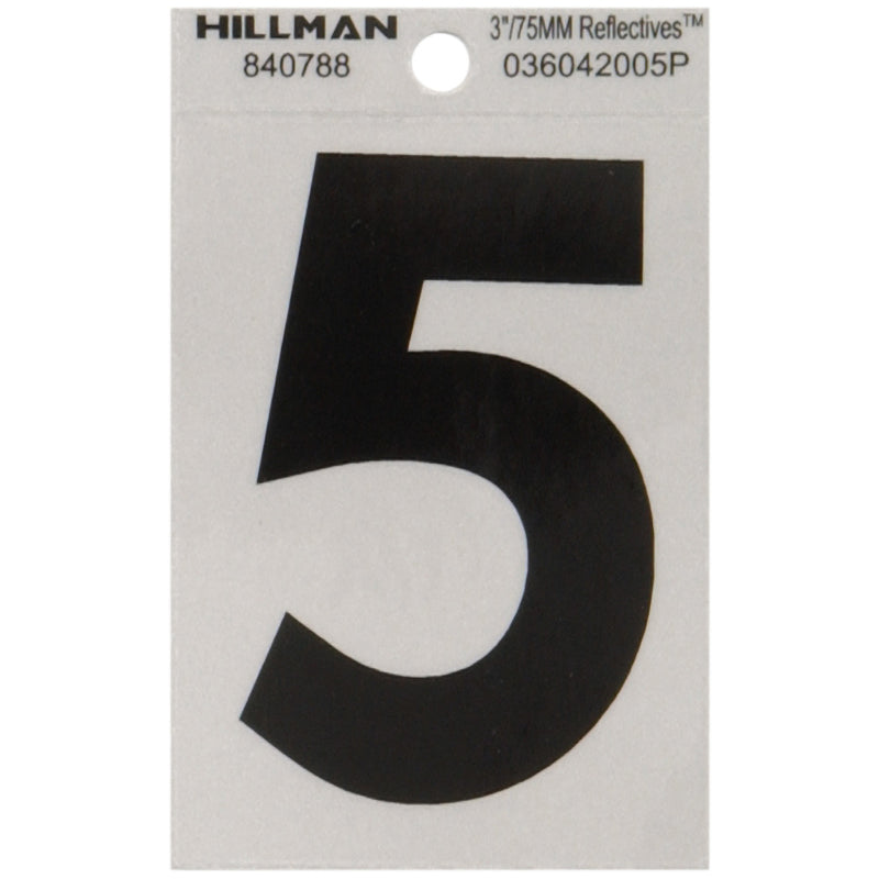 HILLMAN 3 in. Reflective Black Vinyl Self-Adhesive Number 5