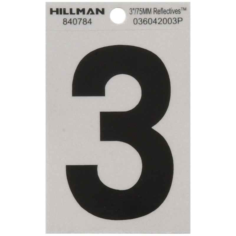 HILLMAN 3 in. Reflective Black Vinyl Self-Adhesive Number 3