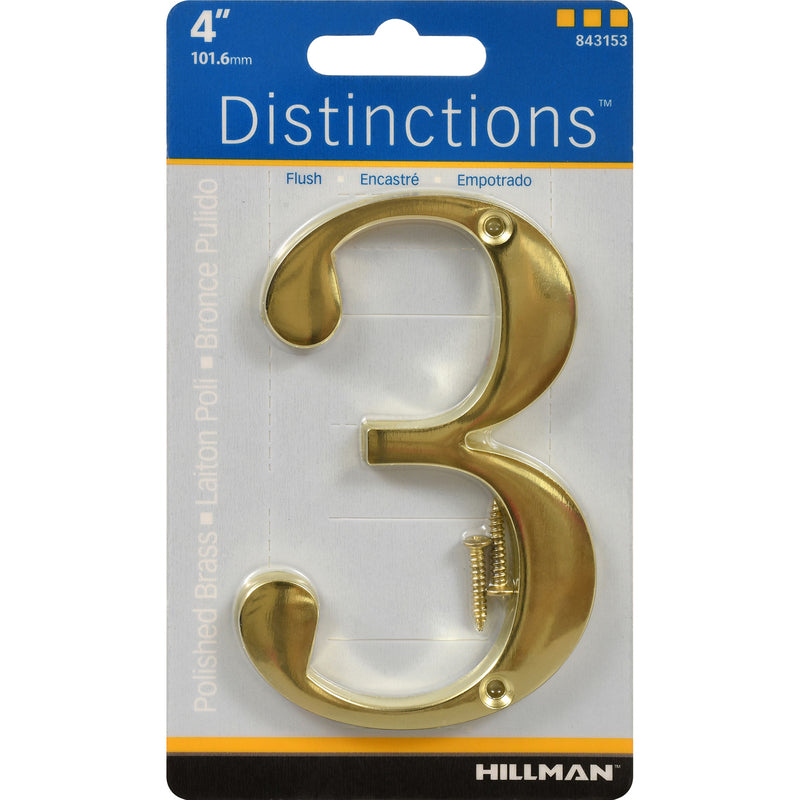 HILLMAN Distinctions 4 in. Gold Zinc Die-Cast Screw-On Number 3