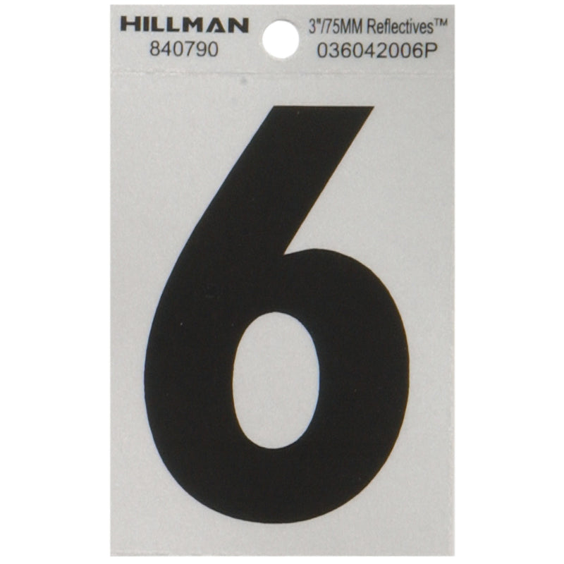 HILLMAN 3 in. Reflective Black Vinyl Self-Adhesive Number 6