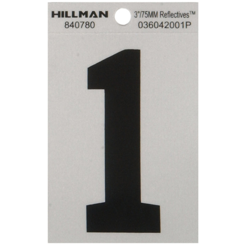 HILLMAN 3 in. Reflective Black Vinyl Self-Adhesive Number 1