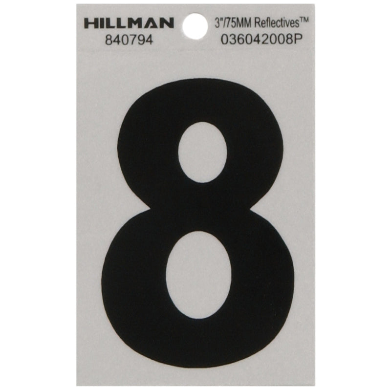 HILLMAN 3 in. Reflective Black Vinyl Self-Adhesive Number 8