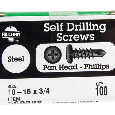 HILLMAN No. 10-16 Ga. X 3/4 in. L Phillips Pan Head Self-Drilling Screws 100 pk