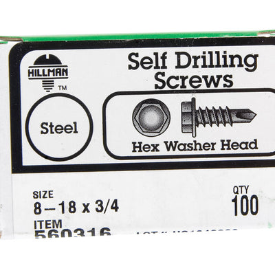 HILLMAN No. 8 Ga. X 3/4 in. L Hex Hex Washer Head Self-Drilling Screws 100 pk