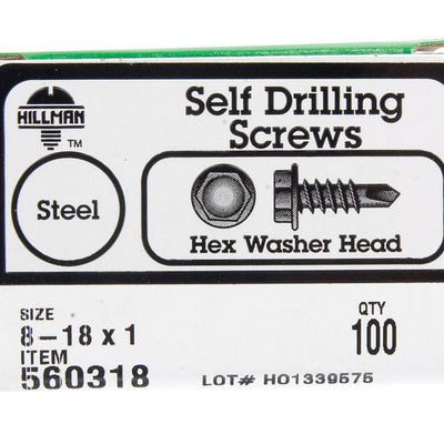 HILLMAN No. 8 Ga. X 1 in. L Hex Hex Washer Head Self-Drilling Screws 100 pk