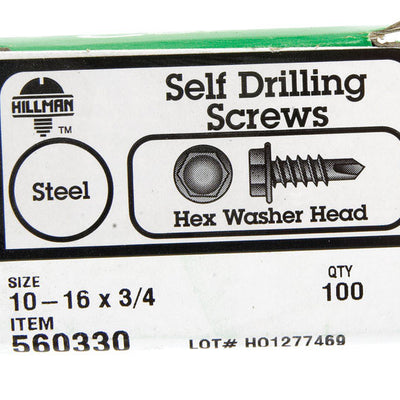 HILLMAN No. 10-16 Ga. X 3/4 in. L Hex Hex Washer Head Self-Drilling Screws 100 pk