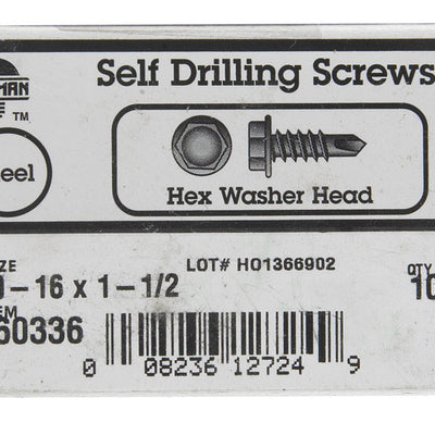 HILLMAN No. 10-16 Ga. X 1-1/2 in. L Hex Hex Washer Head Sheet Metal Screws 100 pk
