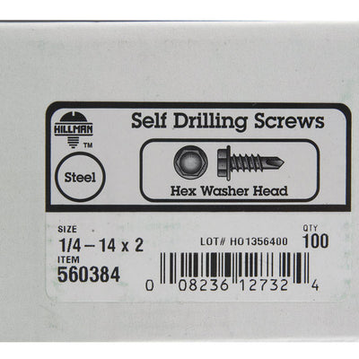 HILLMAN 1/4 in. Ga. X 2 in. L Hex Hex Washer Head Sheet Metal Screws 100 pk