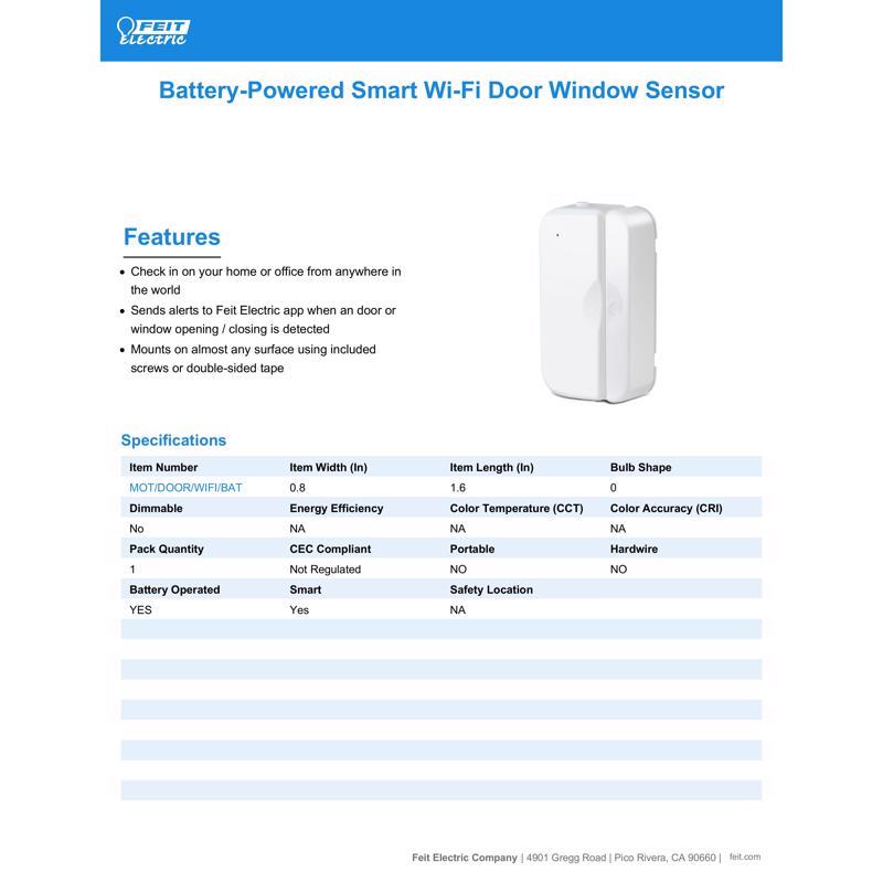 Feit Smart Home Battery Powered Indoor White Smart-Enabled Door and Window Sensor
