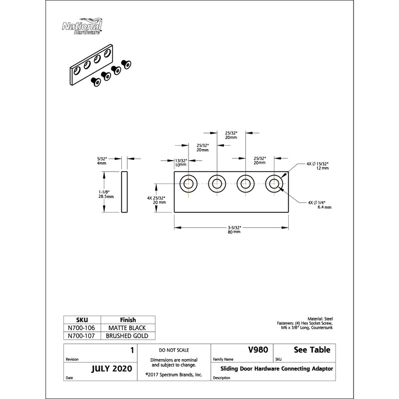 National Hardware 5/8 in. D X 3-1/8 in. L Brushed Gold Steel Sliding Door Hardware Connecting Adapte