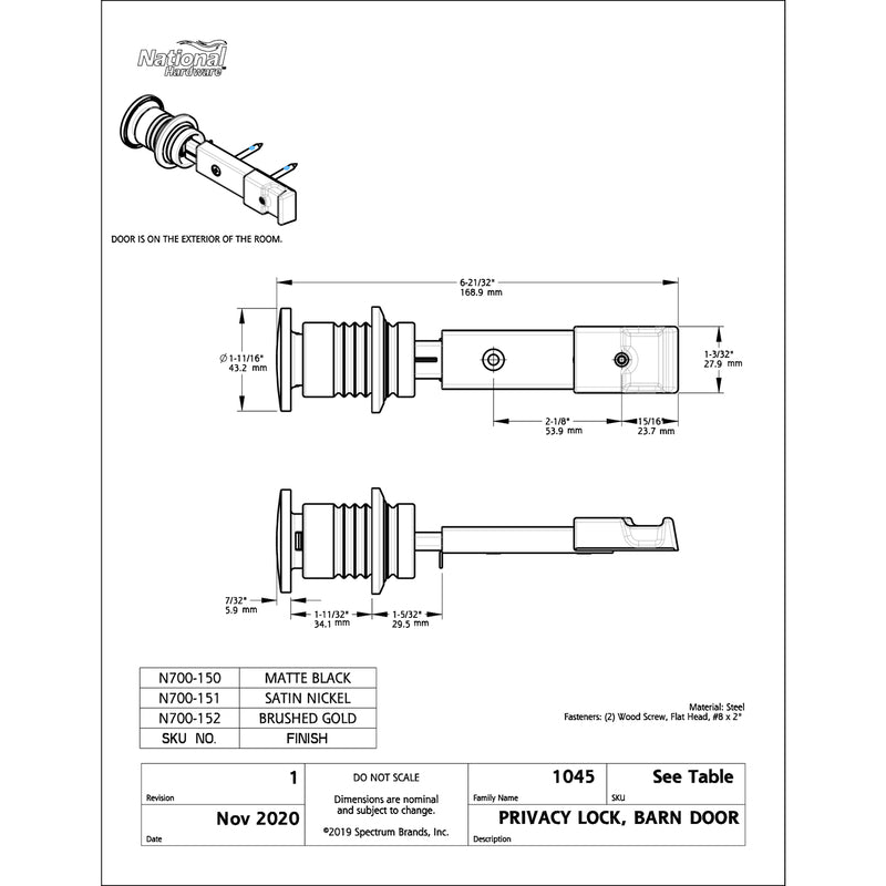 National Hardware Matte Zinc Indoor Sliding Door Lock