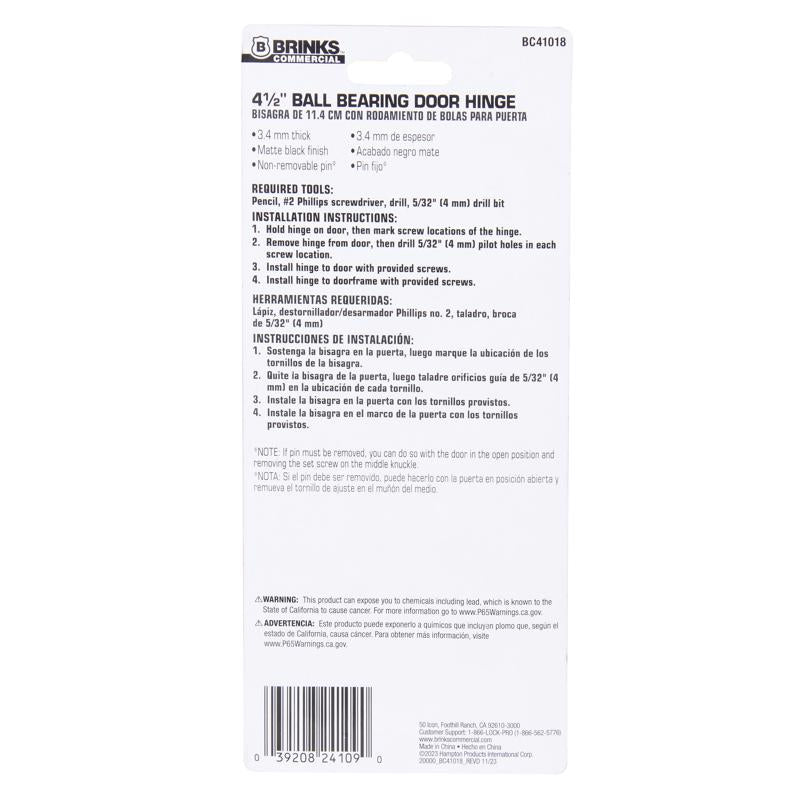 Brinks Commercial 4.5 in. L Black Door Hinge