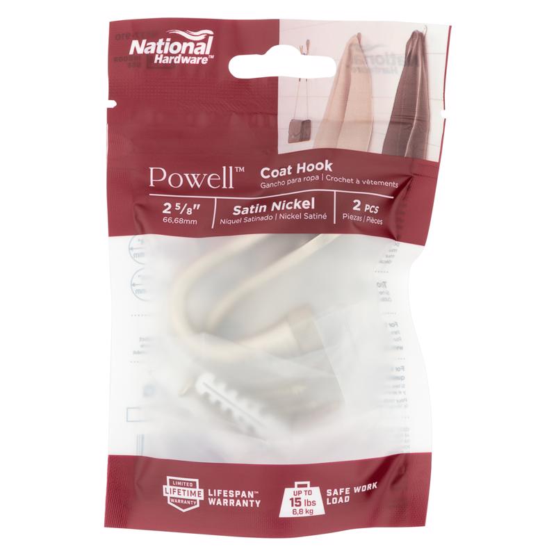 National Hardware Powell Medium Satin Nickel Silver Aluminum 2-5/8 in. L Knurled Hook 60 lb