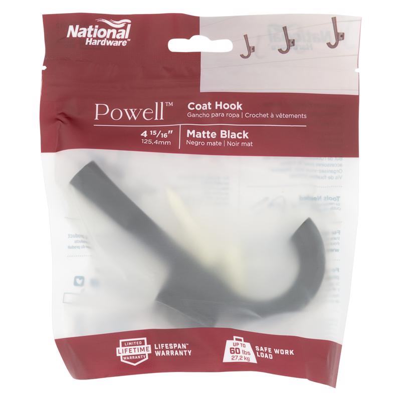 National Hardware Powell Medium Matte Black Aluminum 4-15/16 in. L Angled Hook 60 lb